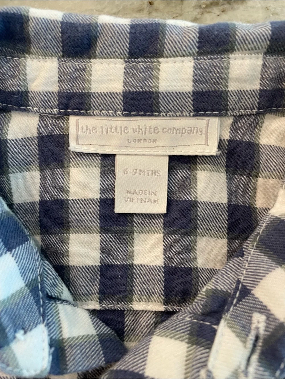 The Little White Company Boys Plaid Button Up Blue Dress Shirt Robots 6-9 Months